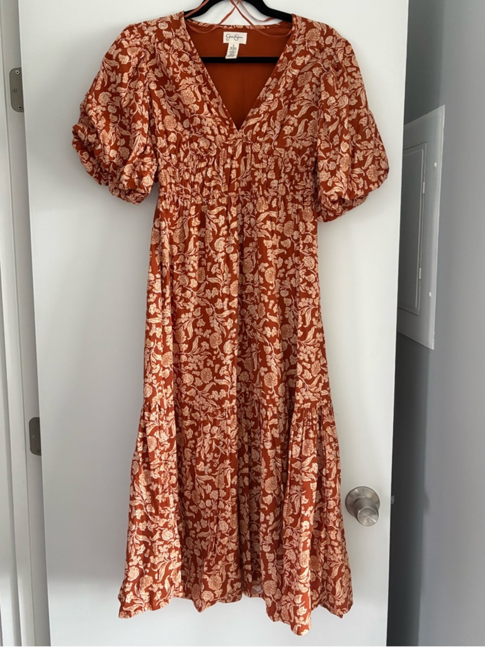 Jessica Simpson Rust Floral Maxi Dress with Puff Sleeves